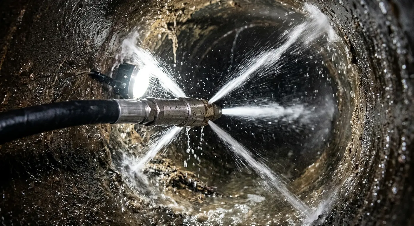 High-pressure hydro jetting nozzle cleaning sewer pipe for Sewer Cleanout in Montclair
