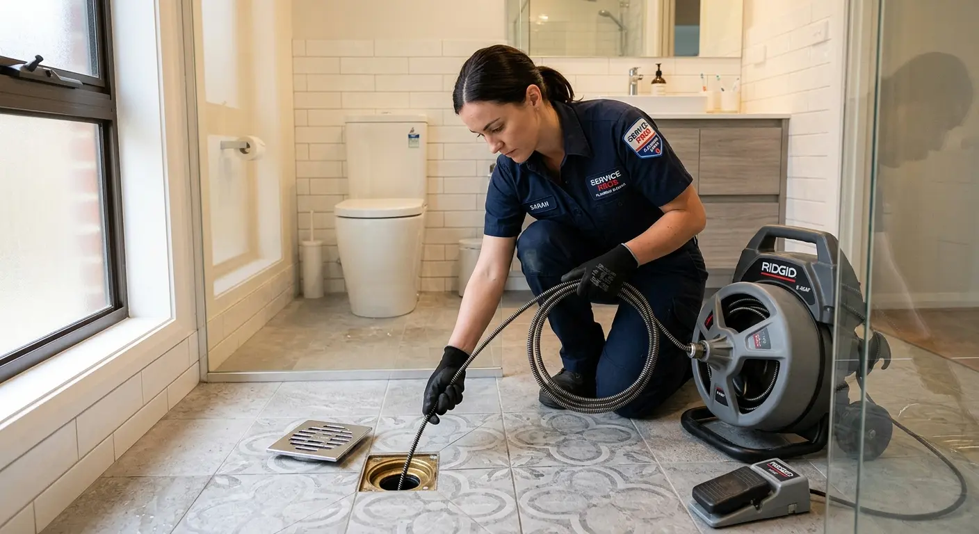 Technician clearing a bathroom floor drain for Hydro Jetting in Montclair